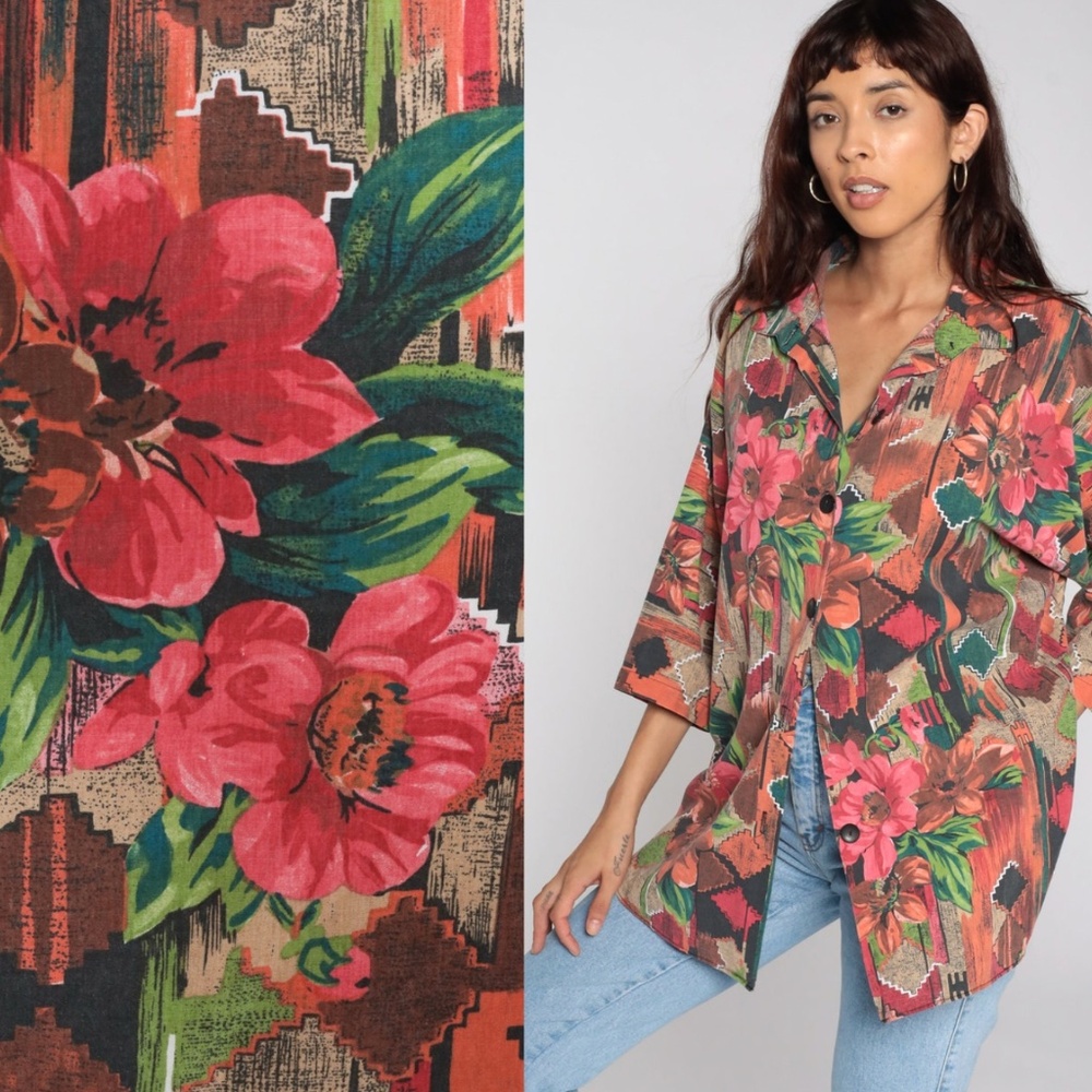 Vintage Oversize Floral Southwestern Shirt 90s Button Up *3 for 18!*